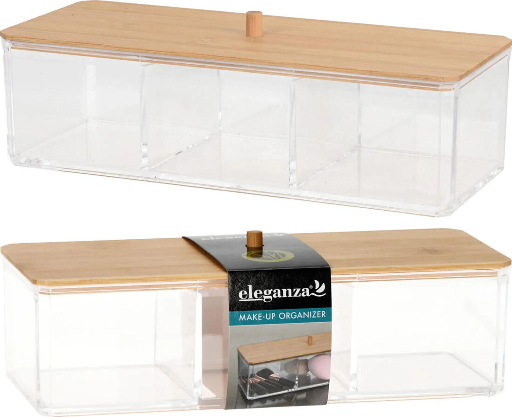Eleganza Aufbewahrungsbehälter mit Bambusdeckel – 3-Fächer Organizer aus Acryl